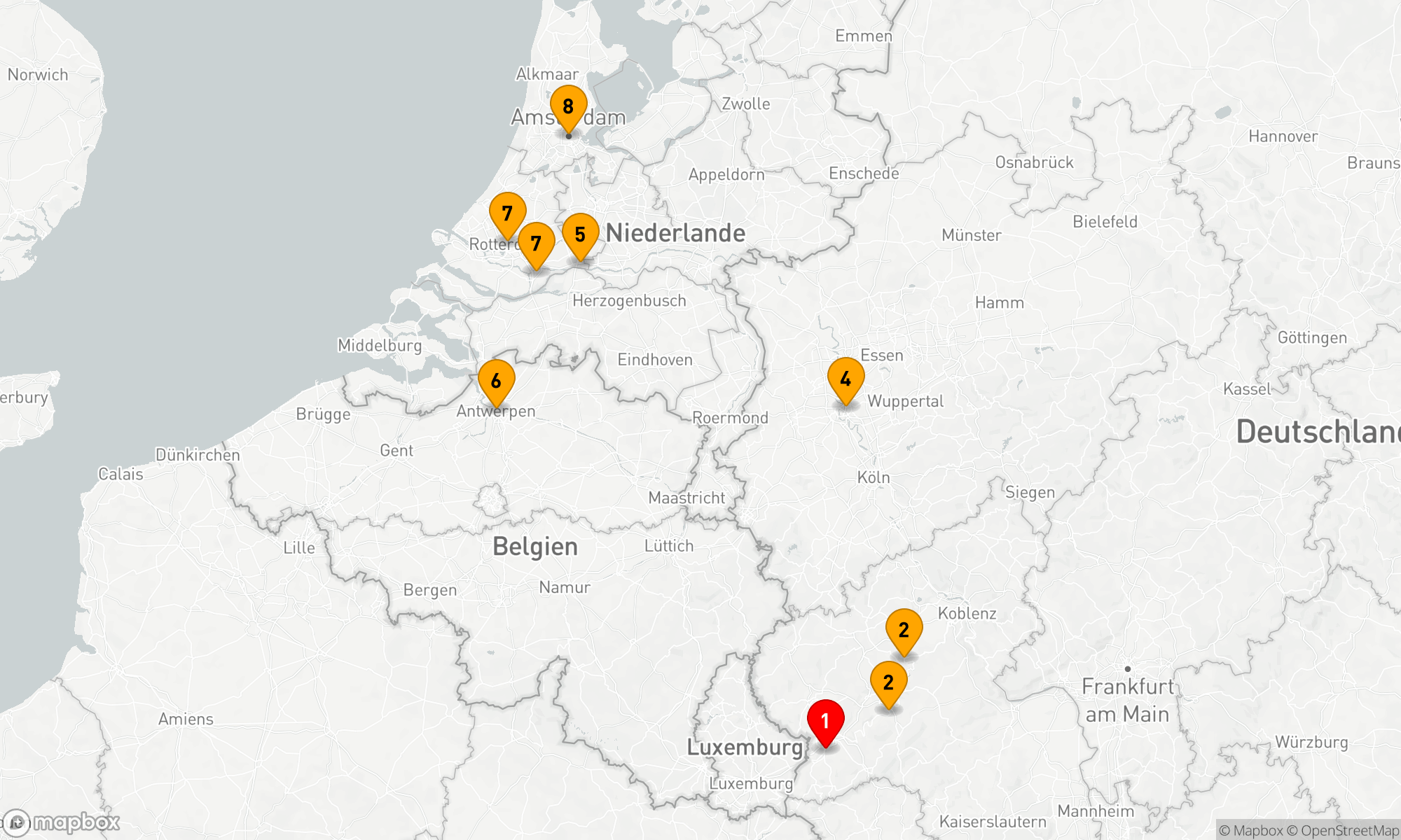 Die Mosel und der Rhein mit Deutschland, Holland und Belgien